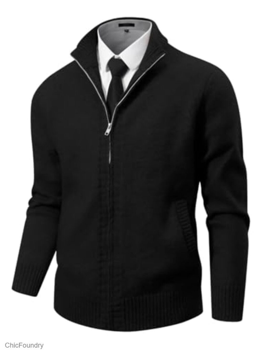Men's Cardigan Sweater with Pockets Full Zip Up Stand Collar Long Sleeve Chunky